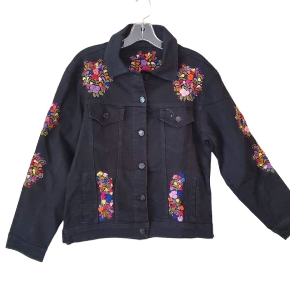 Women's Embroidered Denim Jacket Black Size Medium Western Art To Wear‎